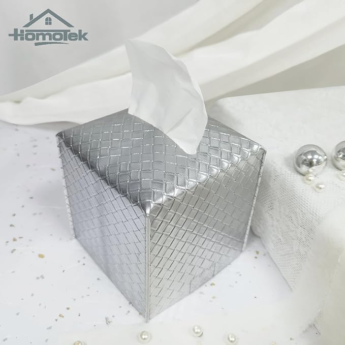 HOMOTEK 2 Pack Tissue Box Cover, Square PU Leather Tissue Holder, Decorative Facial Tissue Cube Paper Organizer Dispenser for Bathroom, Night Stands, Desk, Car 5X5X5'' - Woven Waffle, Silver - Image 2