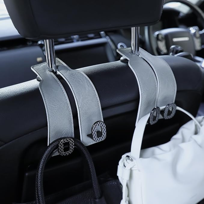 Car Headrest Hooks Universal Car Purse Hook Premium Leather and Alloy Twin Hook Car Seat Back Storage Hanger Hook for Purse Bags Cloth Drink Durable Holder Car Accessories (BH09-Grey-Black-4 Pack) - Image 4