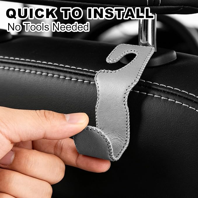 EldHus Car Seat Hooks for Purses and Bags, 4 Pack Car Purse Holder for Grocery Bag Handbag Clothes, Metal Headrest Hooks Covered by Leather, Gray - Image 5
