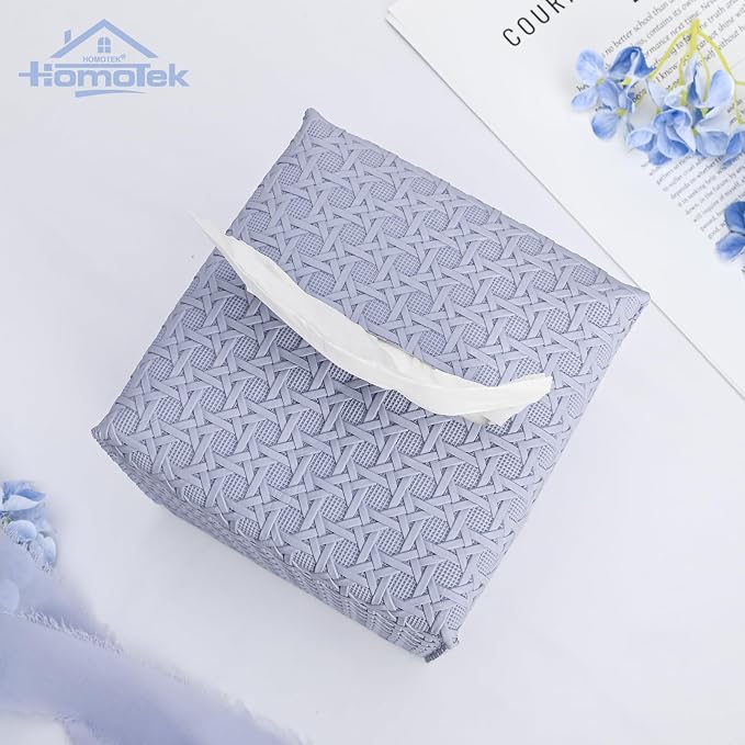 HOMOTEK 2 Pack Tissue Box Cover, Square PU Leather Tissue Holder, Decorative Facial Tissue Cube Paper Organizer Dispenser for Bathroom, Night Stands, Desk, Car 5X5X5'' - Rattan Weave,Lavenderpurple - Image 2