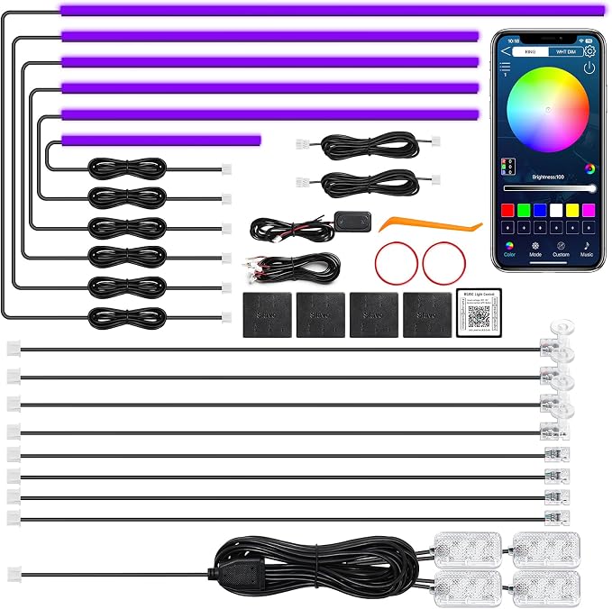 Acrylic Interior Car LED Strip Light with Wireless APP, RGB 18 in 1 with 175 inches 612 LEDs Fiber Optic Strip Lights for Car, Dual Zone Music Sync Neon Car Ambient Lighting Kits by MAODANER