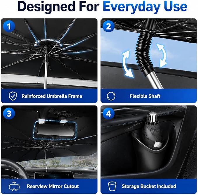 2026 Upgraded Car Umbrella Sun Shade Cover with StorageDock Organizer, Windshield Shade Umbrella, 360° Flexible Shaft, UV Protection Heat Shield, Foldable Front Window Sunshade, 57" x 33" - Image 5