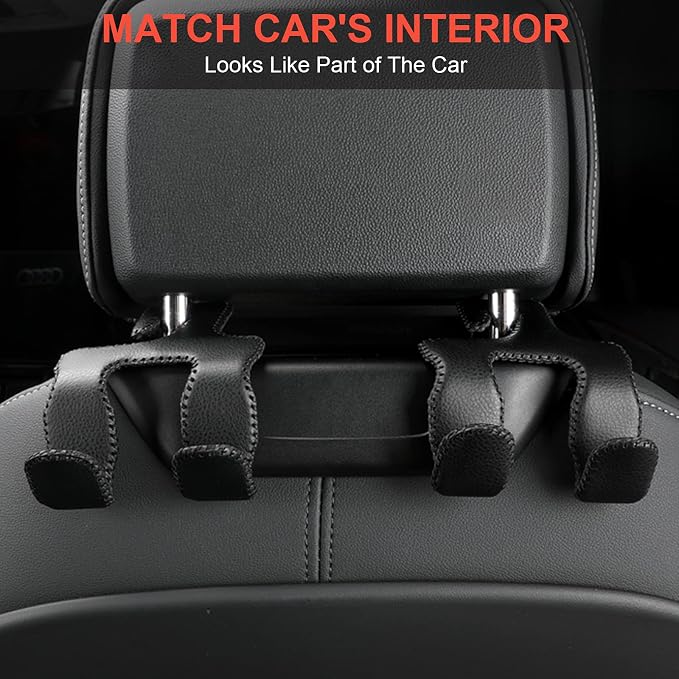 AMVOYOA 【2021 Upgraded】 Car Purse Hook, 2 in 1 Car Seat Headrest Hooks Durable Hanger Storage Holder Leather Organizer for Hanging Grocery Bags, 1 Pack, Black - Image 2