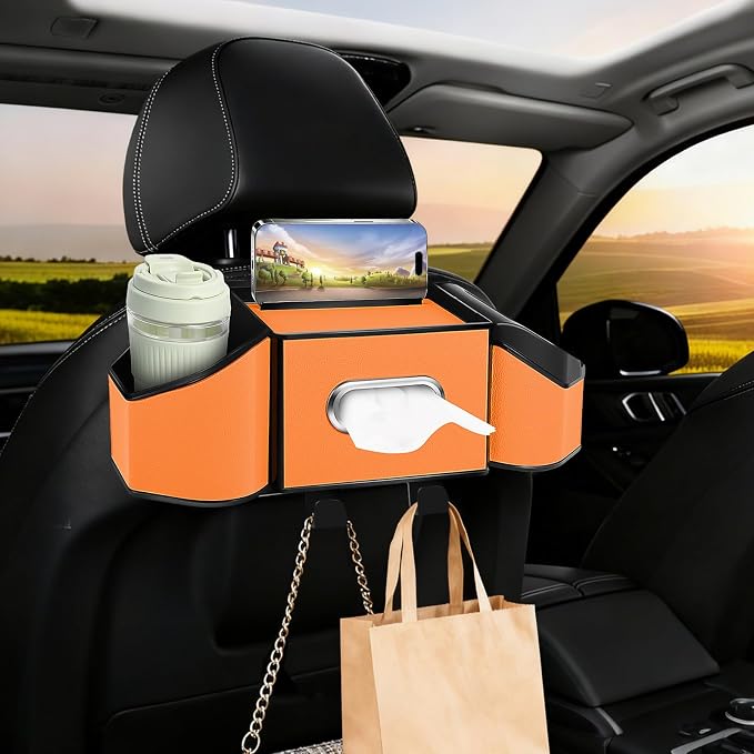 7-In-1 Car Seat Back Organizer with Cup Holders, Tissue Box, Garbage Can&Hooks, Multifunctional Headrest Storage Organizer, Headrest Cup Holder for Backseat, Car Accessories for Trips, Travels(Orange) by Hiitytin