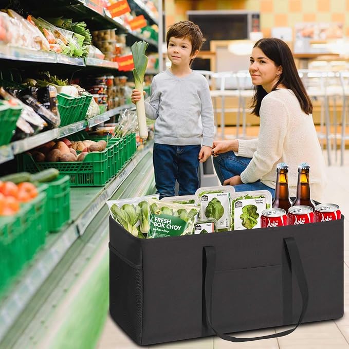 LHZK Standing Extra Large Utility Tote Bag with Metal Wire Frame and the Sides Rinforced, Extra Large Tote Bag with Handle, Reusable Grocery Bags Foldable, Beach Bag, Car Tote (Black, 26''x15''x13'') - Image 2