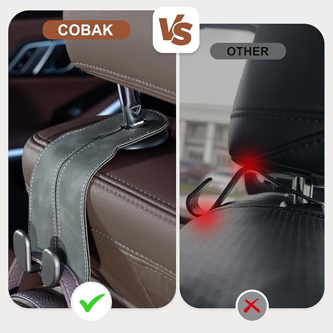 CoBak Purse Hook for Car - Universal Premium Stitched Leather and Aluminum-Magnesium Alloy Double Car Seat Back Storage Hook for Purses, Handbags, Bags (4 Pack),Gray - Image 3