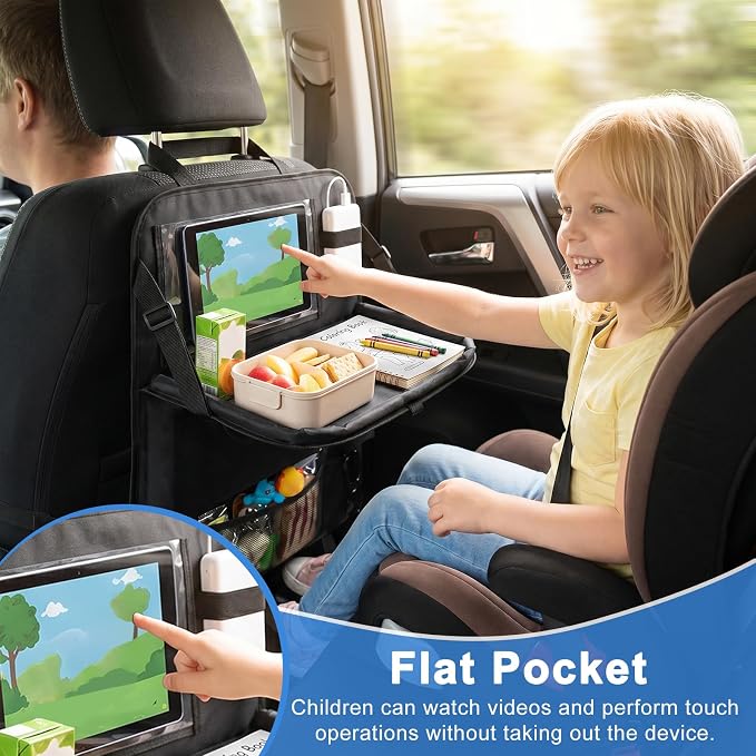 Backseat Car Organizer with Upgraded Foldable Tray Table, Oxford Cloth Car Seat Back Storage Organizer, Tablet Tray and Seat Protector Kick Mat, Includes 2 Hooks - Image 6