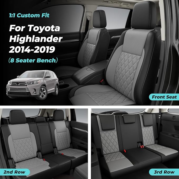 Custom Seat Covers for Toyota Highlander 2014-2019 8 Seats | black grey, faux leather, 2nd row 40/60 split bench, waterproof, breathable, airbag compatible, stain resistant - Image 2