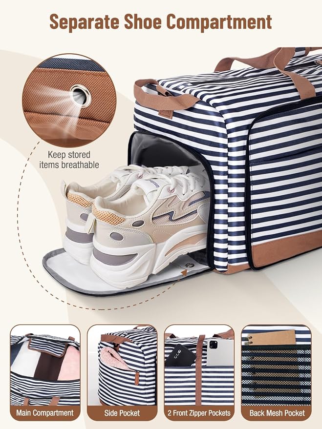 Lekesky Foldable Travel Duffle Bag for Women, Large Duffel Bag with Separate Shoes Compartments & Straps, Carry On Weekend Bag for Women, Hospital, Overnight (Blue Stripe, 150L) - Image 4