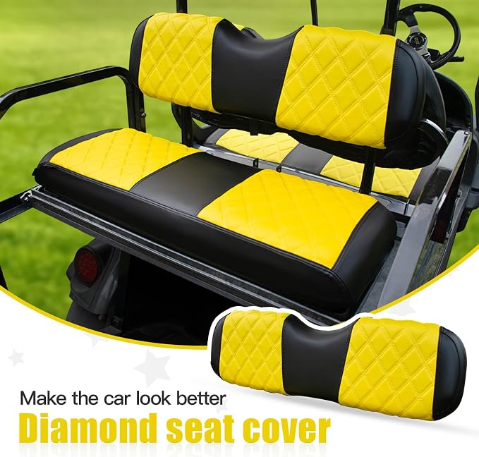 NOKINS Golf Cart Seat Covers Fits Aftermarket Standard Rear Seat Cushion | Fit for Club Car Precedent/DS/EZGO RXV/TXT/Yamaha Drive, No Stapler, Multiple Colors&Breathable (Yellow&Black) - Image 2