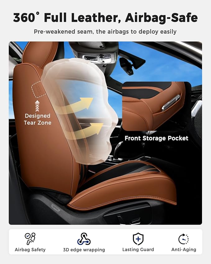 Huidasource Front Seat Covers Luxury Nappa Leather, Driver Seat Cover with Airbag, Front Storage Pocket, Lumbar Support, Cooling＆Heating, Seat Cover Universal Fit for Most Cars SUV Trucks, Brown&Black - Image 2