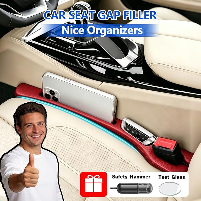 Car Seat Gap Filler Organizer 2Pack,Car Accessories Side Plug,Red | 2 in1 Drop Stop Seat Side Guard with Safety Hammer & Storage Slot,Interior Blocker Strip Universal Fit for Car SUV Truck - Image 2