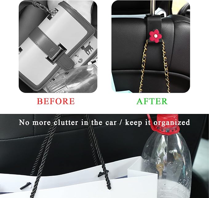 Yourkar 4 PCS Car Seat Headrest Hook, Plastic Headrest Hooks with Adhesive Flower, Auto Back Seat Hanger Storage Hook for Grocery Bag Purse Handbag Umbrella, Car Accessories (Red) - Image 3