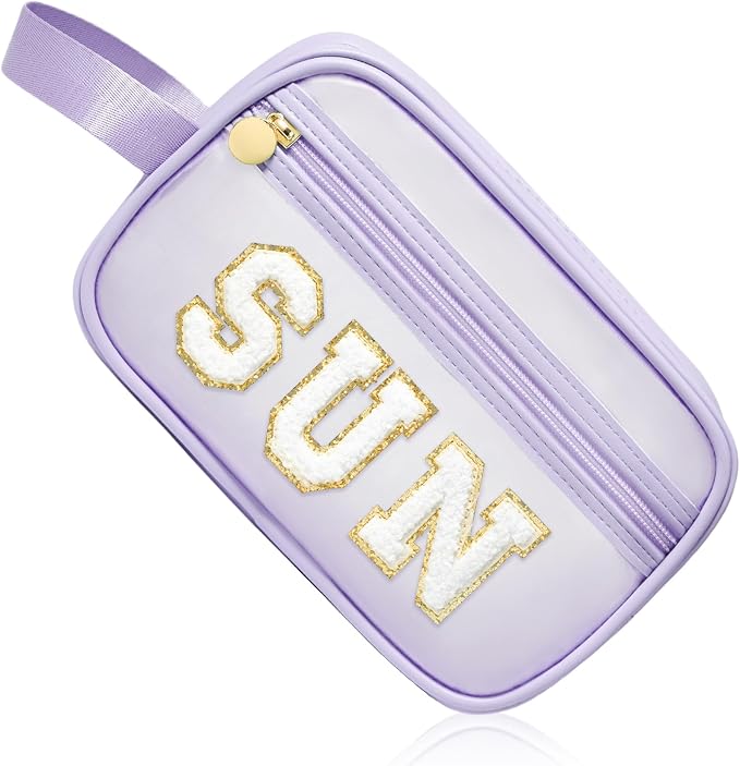 COSHAYSOO Clear Sunscreen Bag Makeup Toiletries Pouch Beach Vacation Essentials Summer Travel Stuff Accessories Personalized Graduation Gifts for Her Women College Teen Girls Teacher Nurse Purple SUN by COSHAYSOO