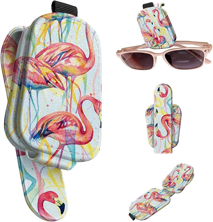 Sunglasses Holder for Car Visor, PU Leather Glasses Clip Organizer, Cute Magnetic Eyeglass Holder for Vehicle Sun Visor, Car Interior Accessory for Women & Men, Rainbow Flamingos by Unknown