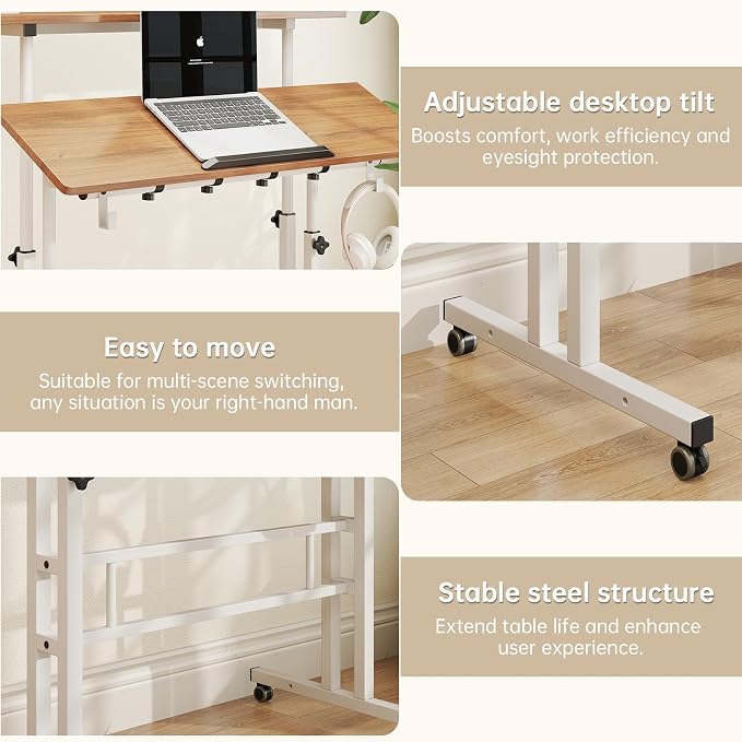 SIDUCAL Mobile Stand Up Desk with USB Ports and Outlets, Adjustable Laptop Desk on Wheels, Home Office Workstation, Rolling Laptop Cart for Standing or Sitting, 31.5" x 23.6" Vintage Oak - Image 8