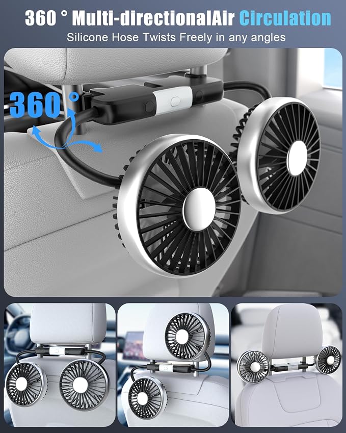 Hayousui USB Dual Head Car Fan for Backseat Kids,Separated Controlled | 3 Speeds,DC 5V/2A,LED Light,360°Rotatable,Dual Rearseat Fan for Honda/Civic/Ford/Toyota/Wranger/Sahara/Grand/Cherokee - Image 7