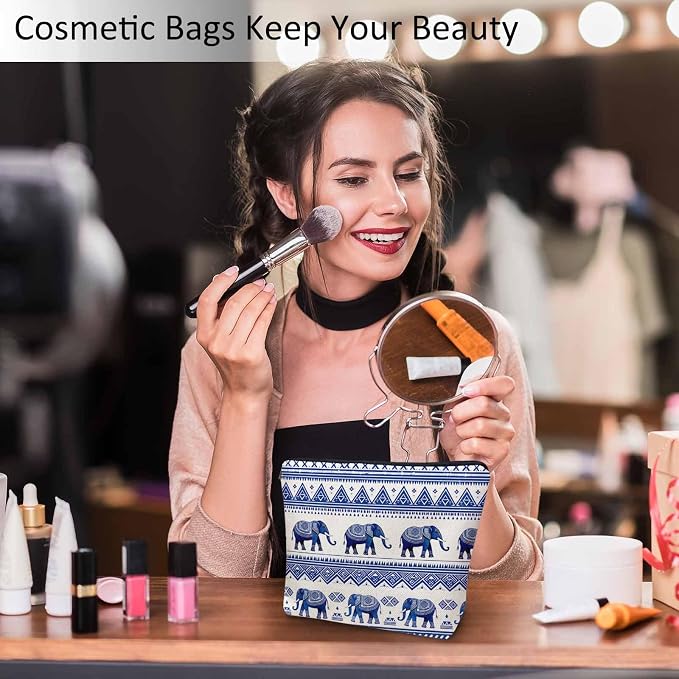 Elephant Cosmetic Bags For Women, Ethnic Geometric Elephant Roomy Makeup Bag Toiletry Bag Accessories Organizer Storage Bags Makeup Pouch For Travel Business Gym Camping Bathroom, Blue - Image 2