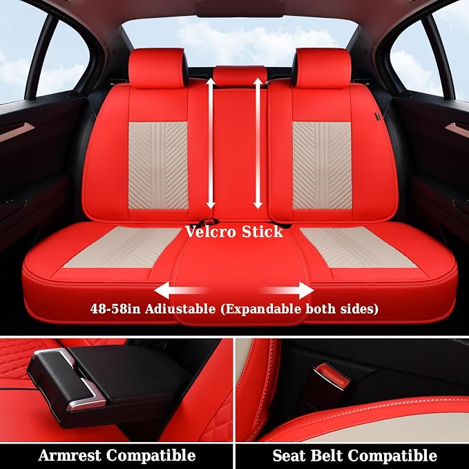 Coverado Leather Car Seat Covers Full Set, 5 Seats Seat Covers for Cars, Waterproof Car Seat Cushions, Front and Rear Seat Protectors Universal Fit Most Vehicles (Red&Beige) - Image 6
