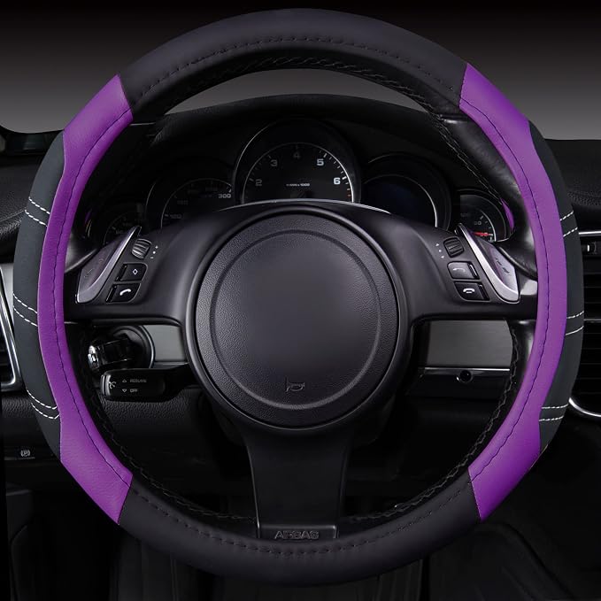 CAR PASS Line Rider Microfiber Leather Sporty 14.5-15 inch Steering Wheel Cover Universal Fits for 95% Truck,SUV,Cars, Anti-Slip Safety Comfortable Design (Black Purple) - Image 3