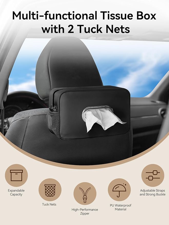 Multi-Functional Car Tissue Holder with ‌2 Storage Nets, Tissue Box Cover | Upgraded PU Leather, Large Rectangle Napkin Organizer Fit for 100-160 Regular Size Tissues, Keep Car Tidy, Black - Image 4
