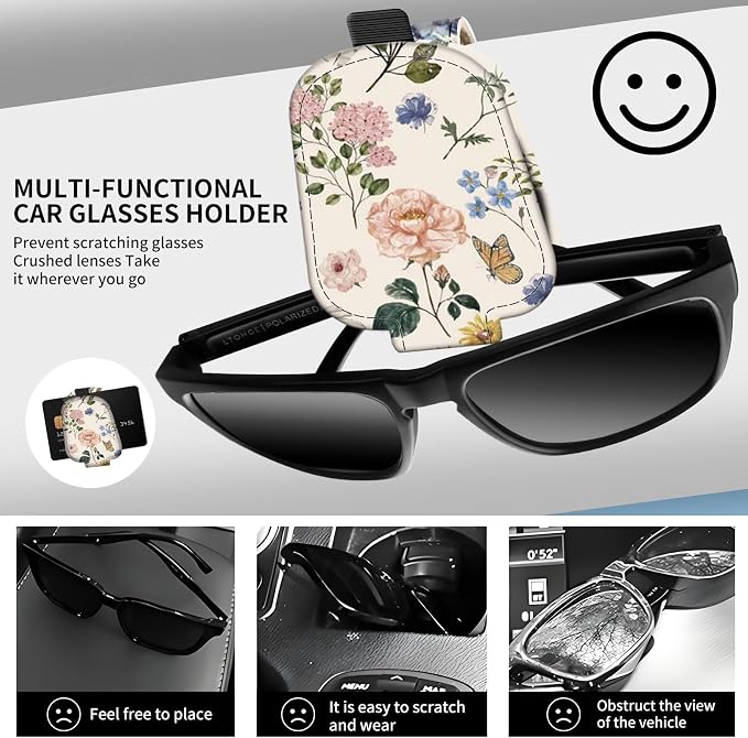 Leather Magnetic Sunglass Holder for Car Sun Visor, Cute Eyeglass Ticket Card Hanger Clip, Universal Auto Interior Accessories for SUV Pickup Truck, Wildflower Floral - Image 2