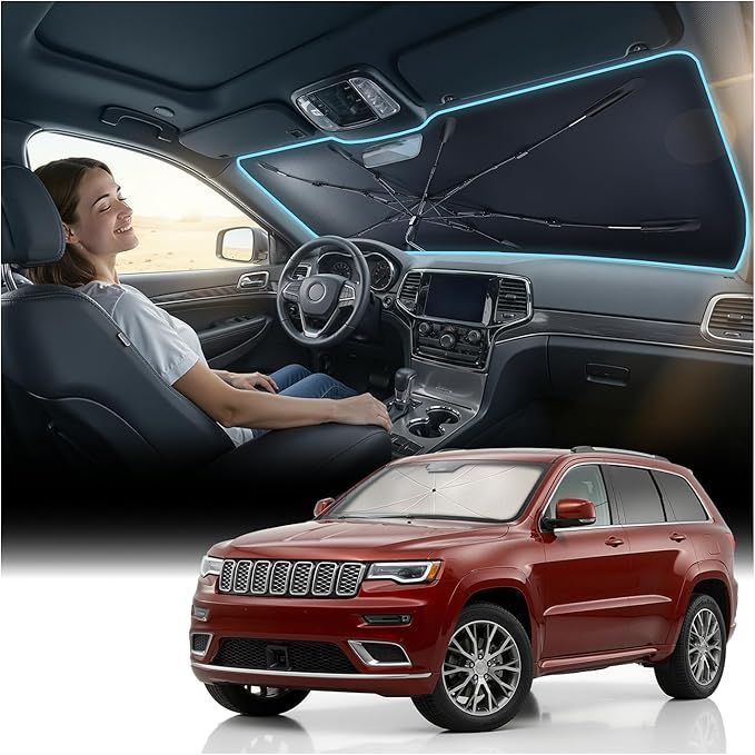 Nmoiss Windshield Sun Shade Umbrella for Jeep Grand Cherokee 2011-2026 Accessories, [Vinyl Coating Heat Shield] Protect Car from Sun Rays & Heat Damage Keep Cool and Protect Interior by Nmoiss