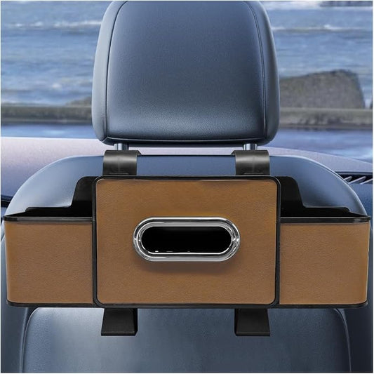 YoRise Multifunctional Car Back Seat Organizer, Leather Automotive Headrest Phone & Tissue & Cup Holder with Hooks, Family Travel Vehicle Backseat Storage Box for Drink, Snack, Handbag (Brown) by Unknown