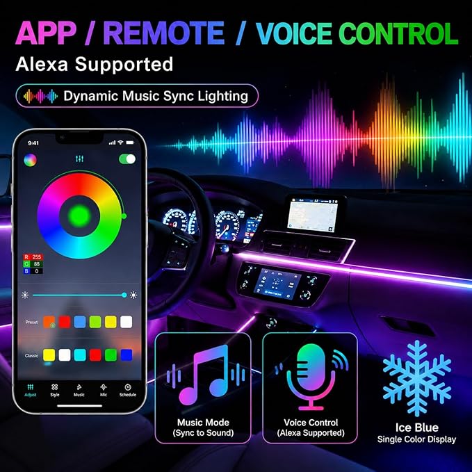 Acrylic Interior Car Ambient Lighting Kits, LED Strip Lights with Wireless APP, Neon Fiber Optic Lights Function LED Strip for Car with Music Modes (10 in 1) - Image 3