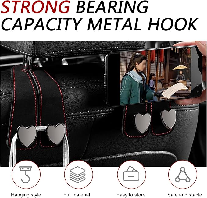 2 PCS Car Headrest Hooks, Suede Heart Rear Seat Double Hooks for Purses Bags Phone Umbrella, Soft Strong Load-bearing Decoration Hanging Organizer, Universal for Most Cars (Black) - Image 5