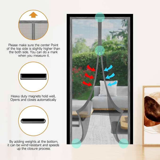 Magnetic Door Screen, Durable Reinforced Anti-Tear Mesh Self-Closing Curtain, Heavy Duty Screen Door with Full Frame Hook & Loop, Fit Door Size 36 x 82 Inch (Silver) - Image 3