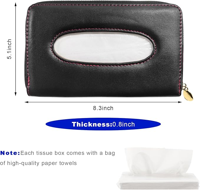 Car Tissue Holder, PU Leather Auto Sun Visor Tissue Case Napkin Holder with Zipper, Rectangular Mask Dispenser Hanging Paper Towel Organizer for Cars SUVs Trucks RVs (Black) - Image 2
