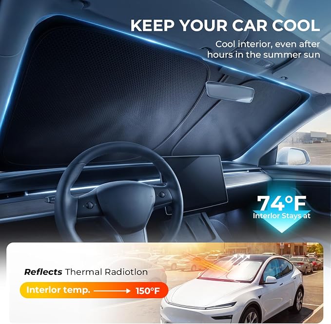 [2026 Upgraded] DooGooCoo Windshield Sun Shade for Tesla Model Y & Model 3 2017-2026 [Cooling Ice-Crystal, 100% Sun Block] Sunshade for Car Windshield for Tesla Model 3 Sunshade Model Y Sunshade. - Image 3