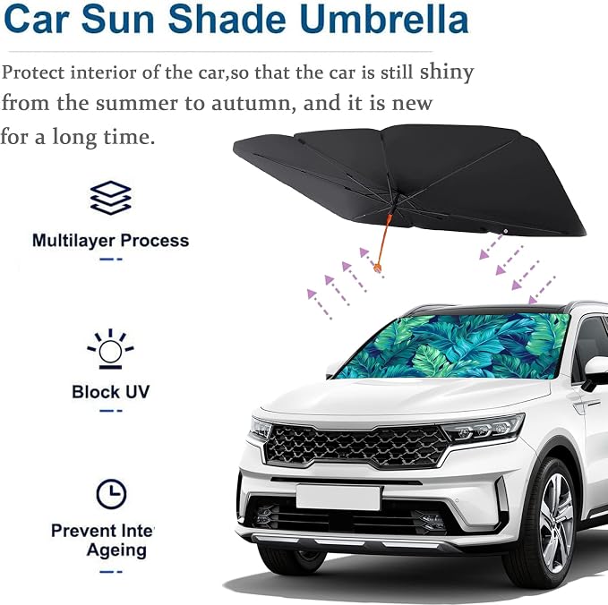 Socira Tropical Car Sun Shade Windshield Umbrella Palm Leaf Sunshade | for Green Window Shades Windshield Sun Shade Umbrella Sun Visor Leaves Car Accessories Keeps Cool 57" x 30" - Image 3