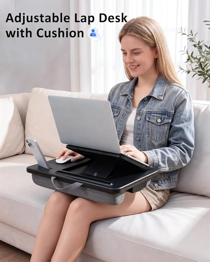 Adjustable Lap Desk with Cushion Stroage Rotatable Phone Stand | Laptop Lap Desk with 8 Angles Adjustable Mouse Pad and iPad Stand for Bed Couch Car Home Office, Fits up to 14" Laptop - Image 8