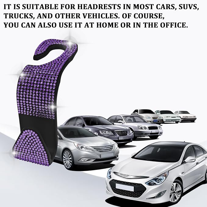 Bling Car Seat Headrest Hooks Purple Car Accessories for Women Crystal Rhinestone Auto Seat Back Hanger Storage Organizer for Purse Handbag Coat, Universal Purse Hook for SUV Truck（4PCS Purple） - Image 6
