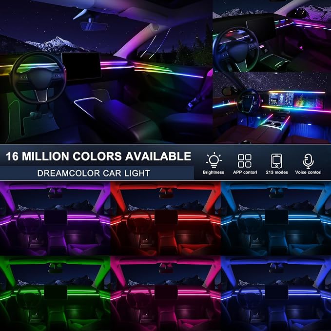 Acrylic Interior Car LED Strip Light with Wireless APP, Dreamcolor RGB 10 in 1 with 175 inches 600 LEDs Fiber Optic Car Ambient Lighting Kits, Dual Zone Sound Active Function LED Strip for Car - Image 3