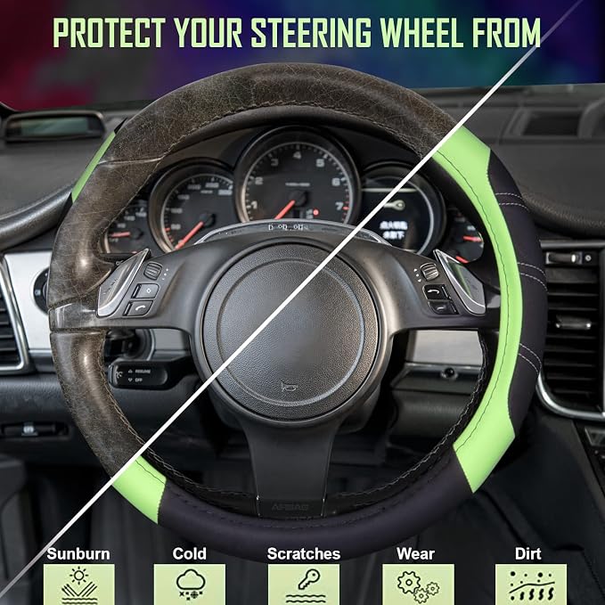 CAR PASS Line Rider Microfiber Leather Sporty Steering Wheel Cover Universal Fits for 95% Truck,SUV,Cars 14.5-15inch, Anti-Slip Safety Comfortable Design (Glows Lime Fluorescent Green) - Image 6