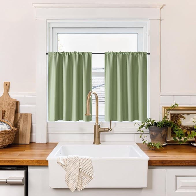 RYB HOME 100% Blackout Bathroom Curtains Over Sink 30 inches Long | Heat UV Blocking, Total Room Darkening, Noise Reducing, Curtains for Basement RV Campers, W42 x L30, Sage Green, 2 Panels by RYBHOME