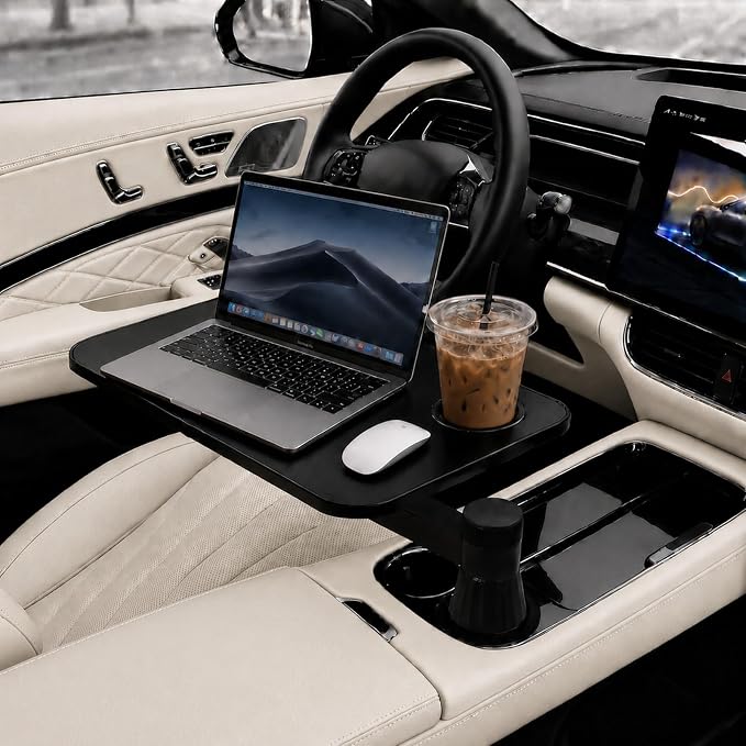 Car Tray Table for Laptop and Food, 360° Rotating Adjustable Car Desk with Cup Holder,Leather Surface, Adjustable Vehicle Seat Tray for Eating, Working, Road Trips, Fits Tesla Model 3/Y/S&Most Cars by Unknown