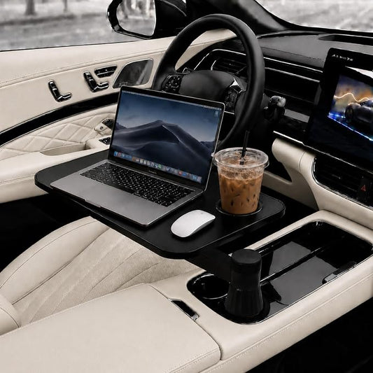 Car Tray Table for Laptop and Food, 360° Rotating Adjustable Car Desk with Cup Holder,Leather Surface, Adjustable Vehicle Seat Tray for Eating, Working, Road Trips, Fits Tesla Model 3/Y/S&Most Cars by Unknown