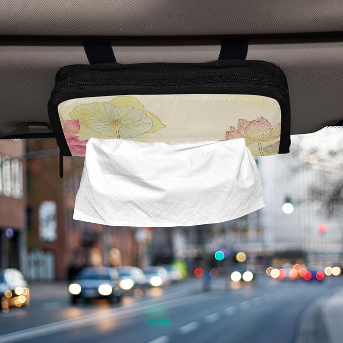 Car Tissue Holder Car Napkin Holder Tissue Box Dispenser Storage Case Sun Visor Mask Holder Accessories with Adjustable Straps Reusable Refillable Dragonfly Lotuses Yellow - Image 6