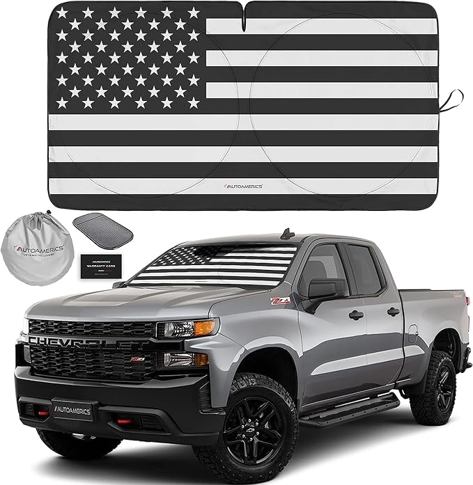 Autoamerics Truck Windshield Sun Shade with Storage Pouch & Anti-Slip Dashboard Pad - Foldable B&W American Flag Design Sunshade - Blocks Max UV Rays, Keeps Vehicle Cool | X-Large (66 x 36 inches) by AutoamericsUS