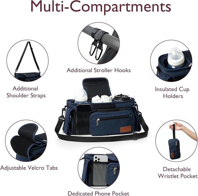 Momcozy Universal Stroller Organizer with Insulated Cup Holder | Detachable Phone Bag and Shoulder Strap, Fits for Uppababy, Baby Jogger, Britax, BOB, Umbrella, and Pet Strollers - Image 2