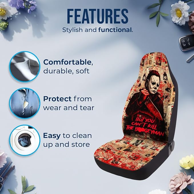 GENANY White Horror Mask Car Seat Covers, 2-Piece Front Seat Set | 2-piece polyester front seat cover set, each 49.5 x 19.6 inches, with adjustable straps and hooks - Image 5