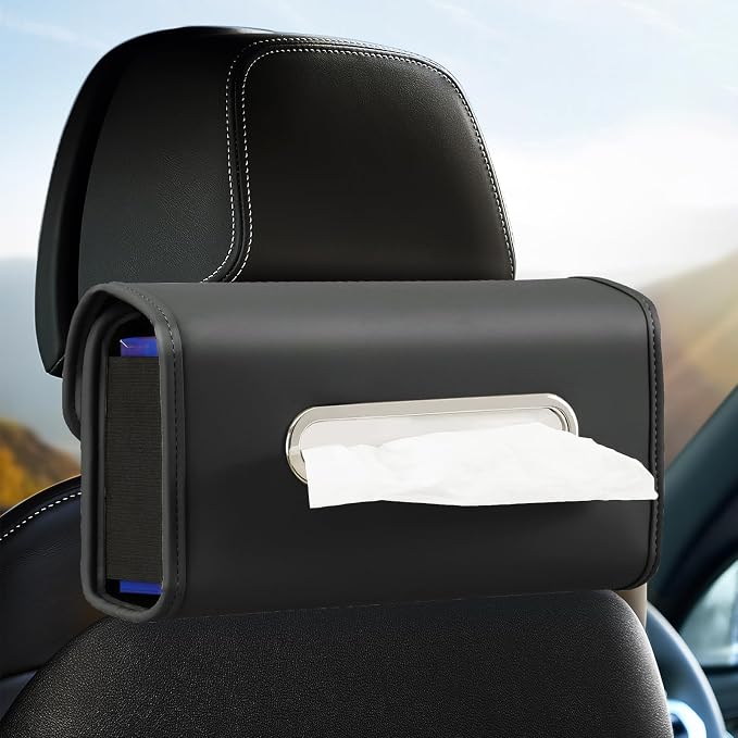 WHHMK Large Car Tissue Holder, Refill Easily Clamshell Opening, Black 1PC | Tissue Box Cover Keep Car Tidy, Premium PU Leather Backseat Napkin Rectangle Organizer in Auto, Fits 100-150 Count Tissues by WHHMK