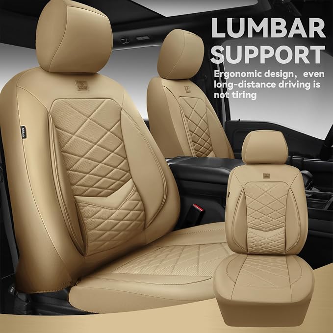 CAR PASS Luxury Nappa Leather Seat Covers Full Set, Water Resistant Faux Leather Seat Cover with Lumbar Support, Breathable Automotive Seat Covers Universal Fit for Sedan SUV Van Truck, Pure Beige - Image 6