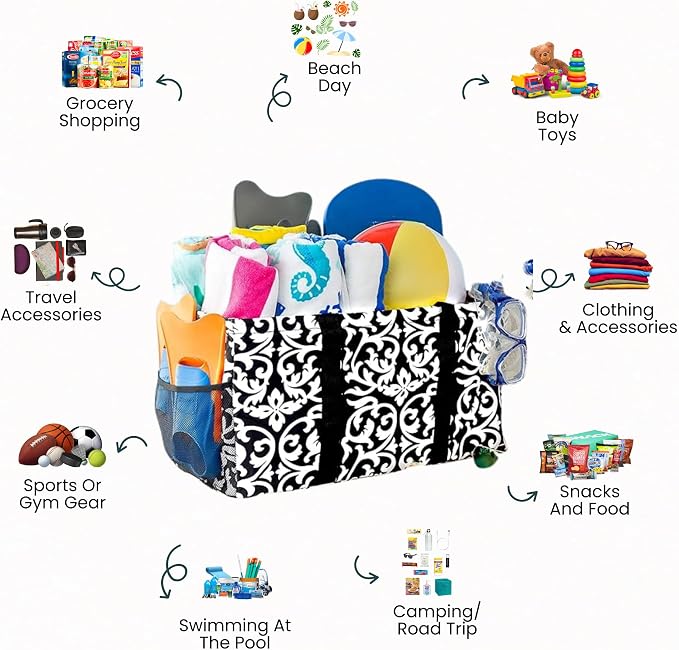 Extra Large Utility Tote Bag - Oversized Collapsible Reusable Wire Frame Rectangular Canvas Basket With Two Exterior Pockets For Beach, Pool, Laundry, Car Trunk, Storage - Damask Black - Image 3