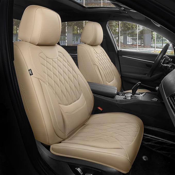 FREESOO Car Seat Covers Full Set Faux Leather Universal Fit Beige | faux nappa leather seat covers, waterproof breathable, full set lumbar support, front rear covers, fit sedans suvs pickups by FREESOO