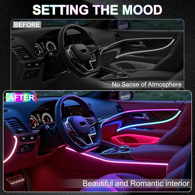Dreamcolor Acrylic Interior Car LED Strip Lights, 6 in 1 Ambient Lighting Kit with Wireless APP, Dynamic Chasing Music Sync Fiber Optic Lights with DIY Mode, Car Inside Lighting Accessories - Image 2